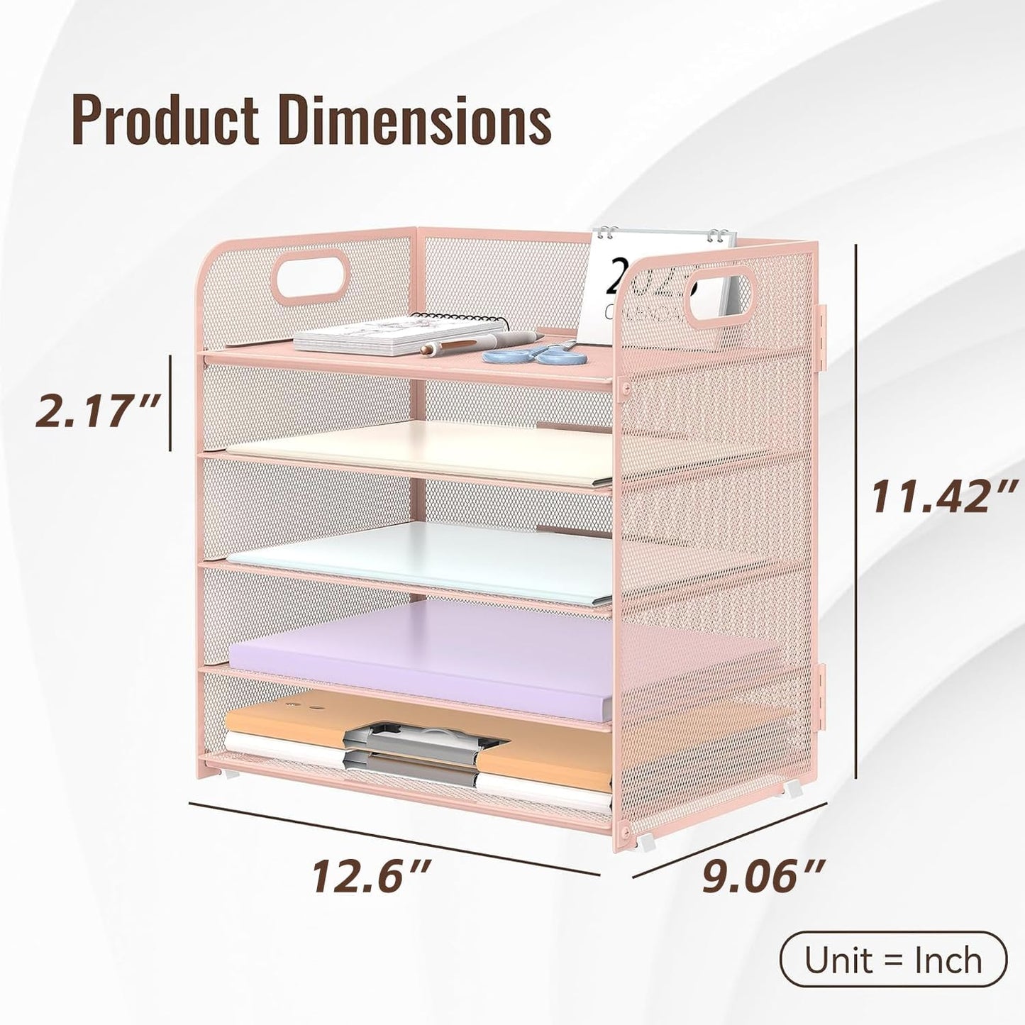 SUPEASY 2 Pack 5-Tier Pink Desk Organizer with Handle Mesh Desk File/Paper Organizer Letter Tray for Office, School and Home Easy Installation