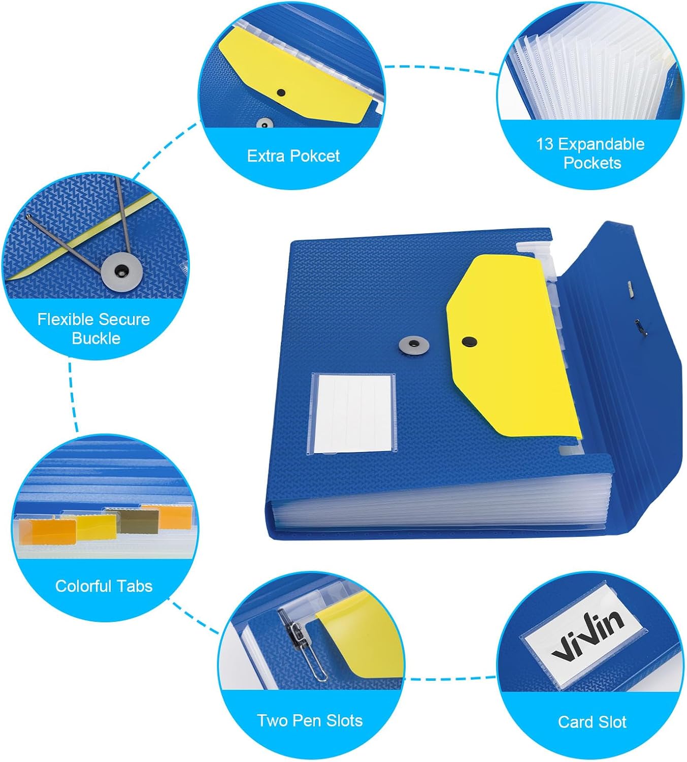 ViVin Expanding File Folder, 13-Pocket Accordion Filing Organizer with Extra Pocket & Labels, Portable Expandable Poly Folio for Documents Receipt Bills Invoice, Letter/A4 Size - Blue