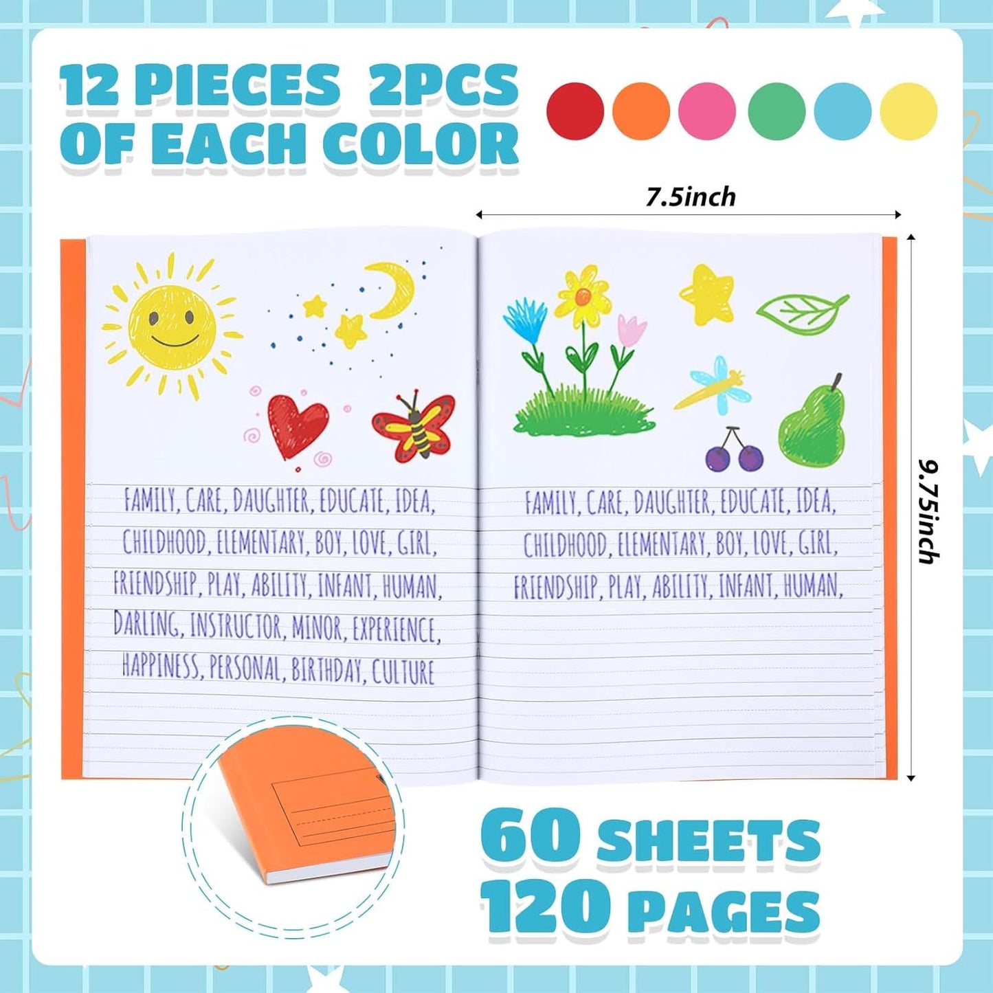 Henoyso 12 Pcs 120 Pages Primary Composition Notebooks K-2 9 3/4 x 7 1/2 Inch Journals Primary Journals Blank Books for Kids to Write Stories Kindergarten (Colorful)