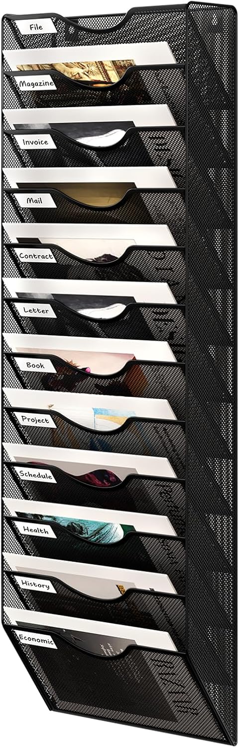 12 Tier Hanging Wall File Holder, Metal A4 Wall Mounted Document Holder, Vertical Hanging Mail Organizer, Magazine Storage Rack for Office Home Classroom, Black