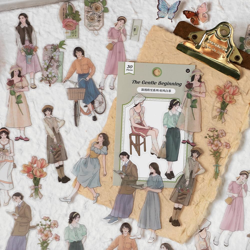 Alideco 120pcs Scrapbook Stickers Set Kawaii Vintage Fashion Girl People Stickers for Journaling Scrapbooking Junk Journal Crafts Embelishment Decoration Diary (langmanjiangzhi)