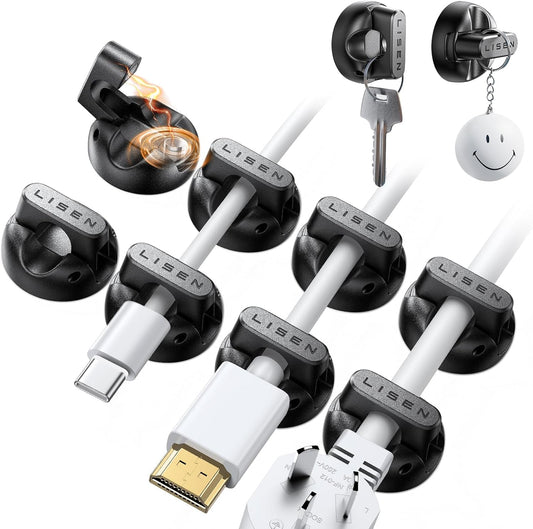 10-Pack Cord Holder [1S Lock] LISEN Magnetic Cord Holder for Nightstand, Under Desk Cable Management with 5 Extra Strong Adhesive Pads, Wire Holders for iPhone 17 Cords, Dorm, Home, Wall, Car, Desktop