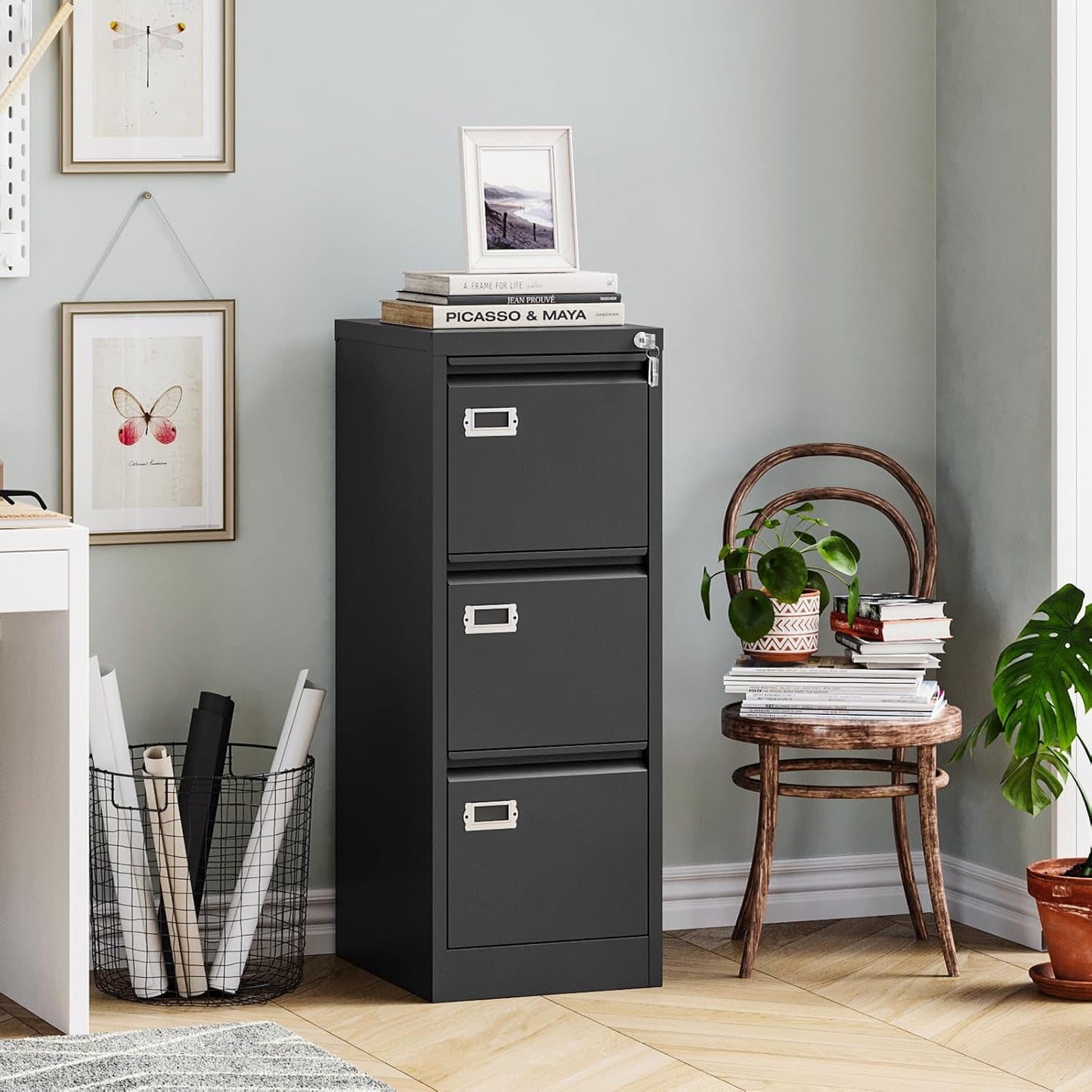 MIIIKO 3 Drawer File Cabinet, Black Metal Vertical Filing Cabinet with Lock, Home Office File Folders Storage Cabinet for Letter Legal A4 File Size