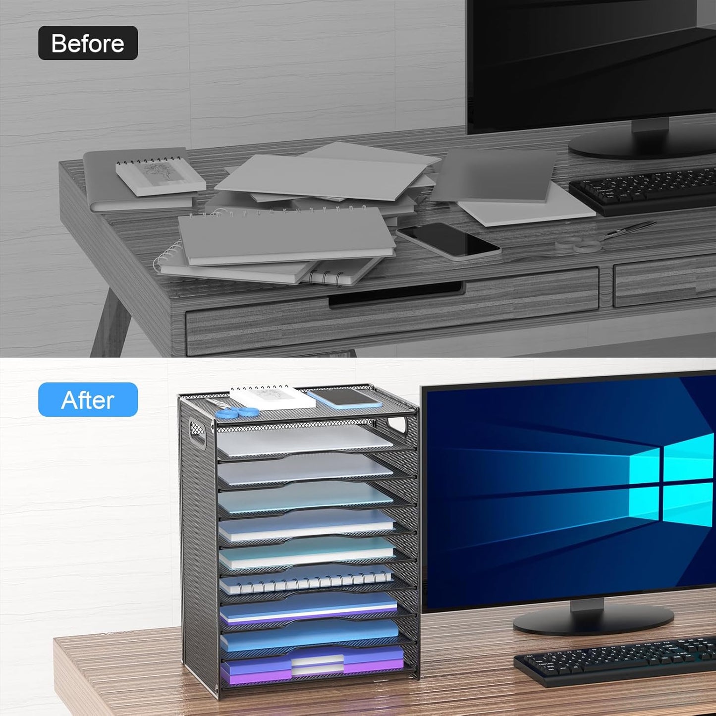 OUTWOLF 10 Tier Paper Organizer - Letter Tray Mesh Desk File Organizer with Handles for Office School Desktop, Black