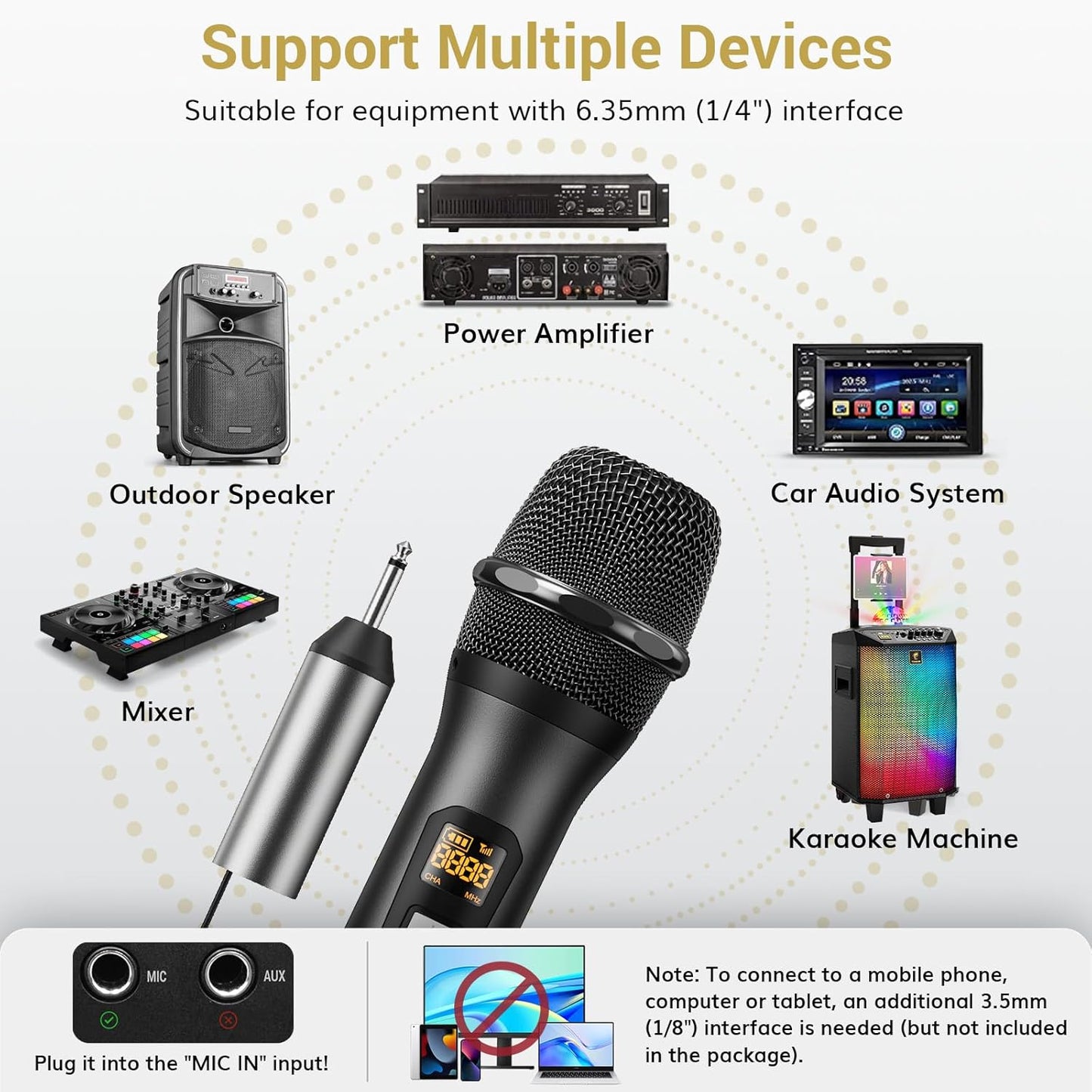 TONOR Wireless Microphone, UHF Metal Cordless Handheld Mic System with Rechargeable Receiver, for Karaoke, Singing, Party, Wedding, DJ, Speech, 200ft (TW620), Black