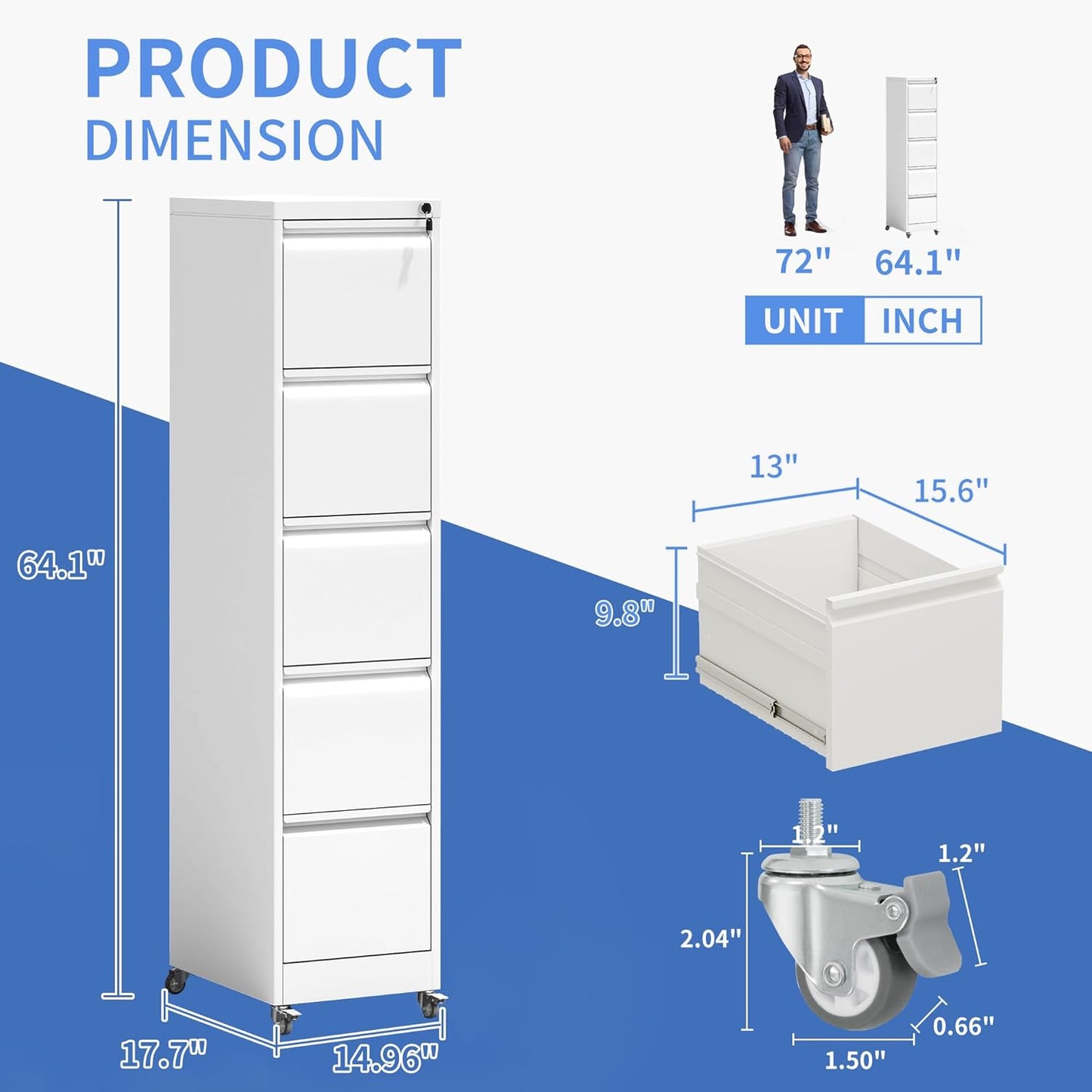 5 Drawer Mobile File Cabinet, Filing Cabinet Home Office for Letter, Legal Size, White