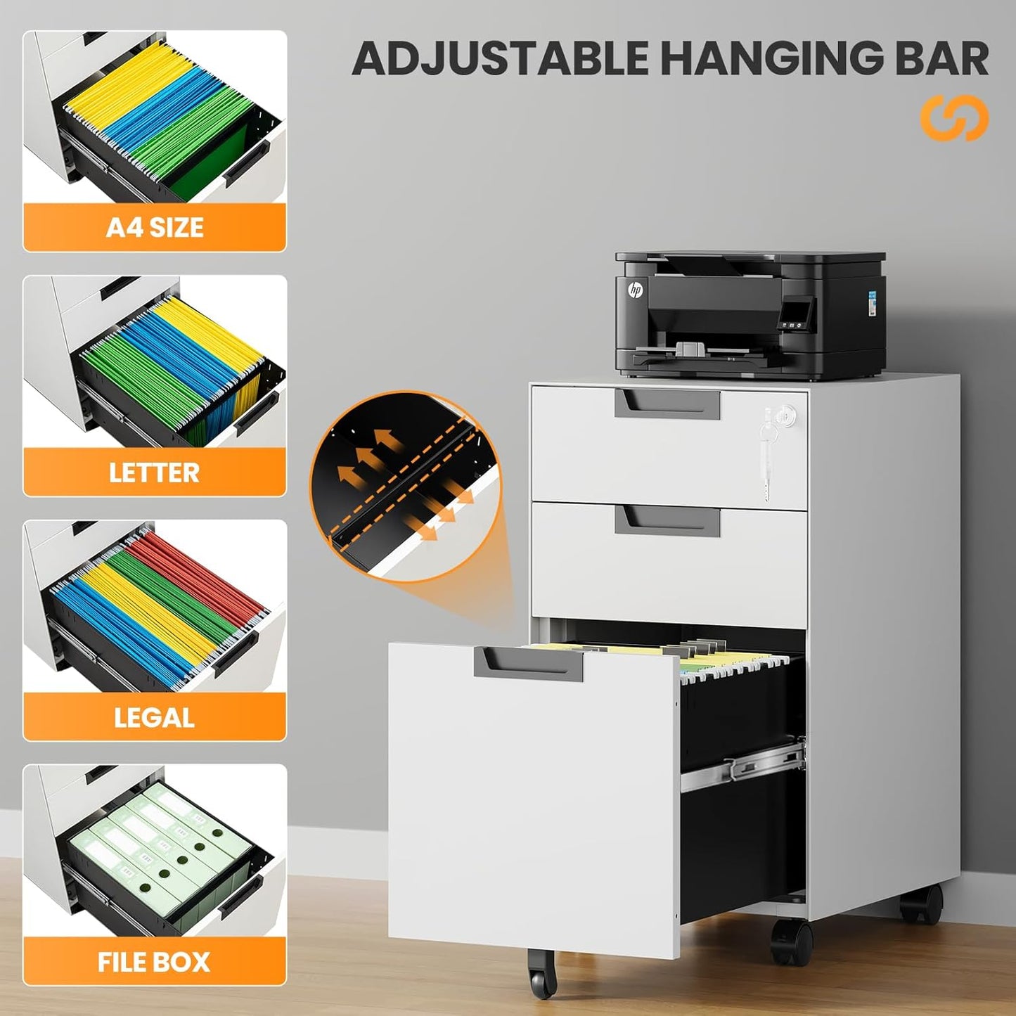 3 Drawer File Cabinet with Lock, Fully Assembled Metal Mobile Filing Cabinets for Home Office, Small Rolling File Caninet on Wheels for Legal/Letter / A4 File, White