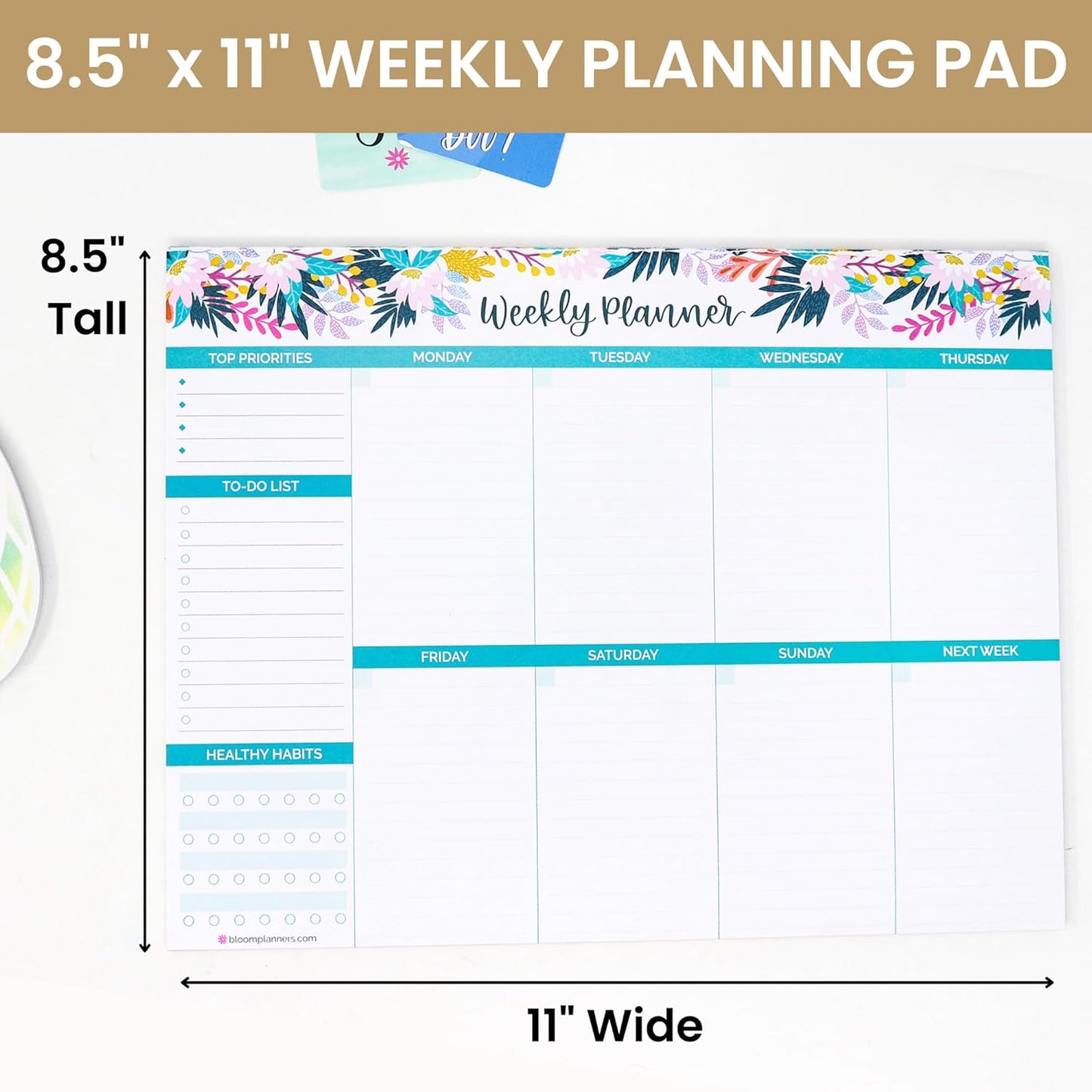 bloom daily planners Horizontal Weekly Tear-Off To Do List Planning Pad - Undated Notepad Organizer & Healthy Habit Tracker - 8.5” x 11” - Floral