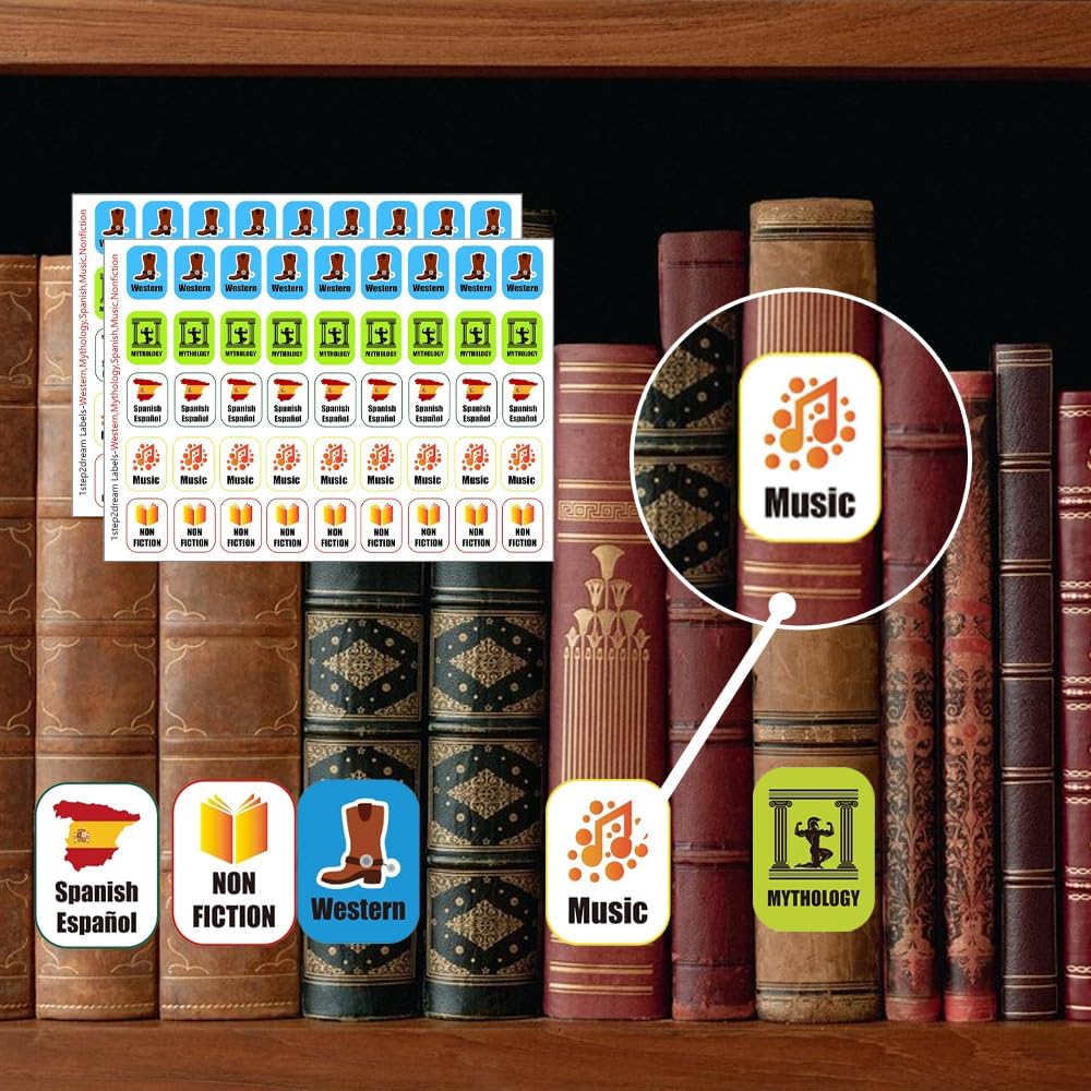 Library Genre Book Spine Labels | Classroom Classification Stickers Set of 450pcs | Nonfiction, Western, Mythology, Spanish, Music