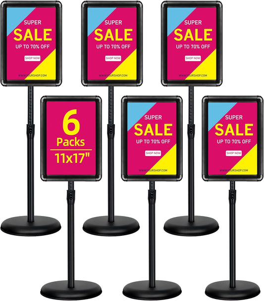 6-Packs Sign Holder Stand for Display 11x17 Inch - Adjustable Floor Standing Sign Holder - Pedestal Poster Stand with Vertical & Horizontal View, Indoor/Outdoor Business & Store Signage(Black)