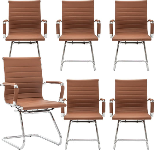 Office Desk Chair Set of 6,No Wheels PU Leather Computer Chairs Mid Back Guest Chairs with Seld Base for School/Reception/Conference/Waiting Room,Cafe