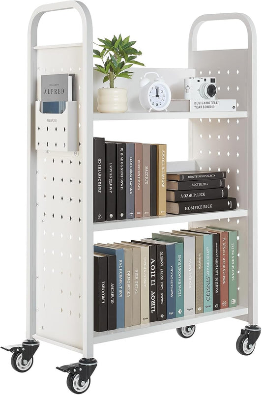 VEVOR Rolling Library Book Cart, 330 lbs Capacity, 30.3 x 15 x 48.0-Inch Library Cart, Single Sided L-Shaped Shelves with 3-Inch Lockable Wheels, Book Truck for Home Shelves Office and School, White