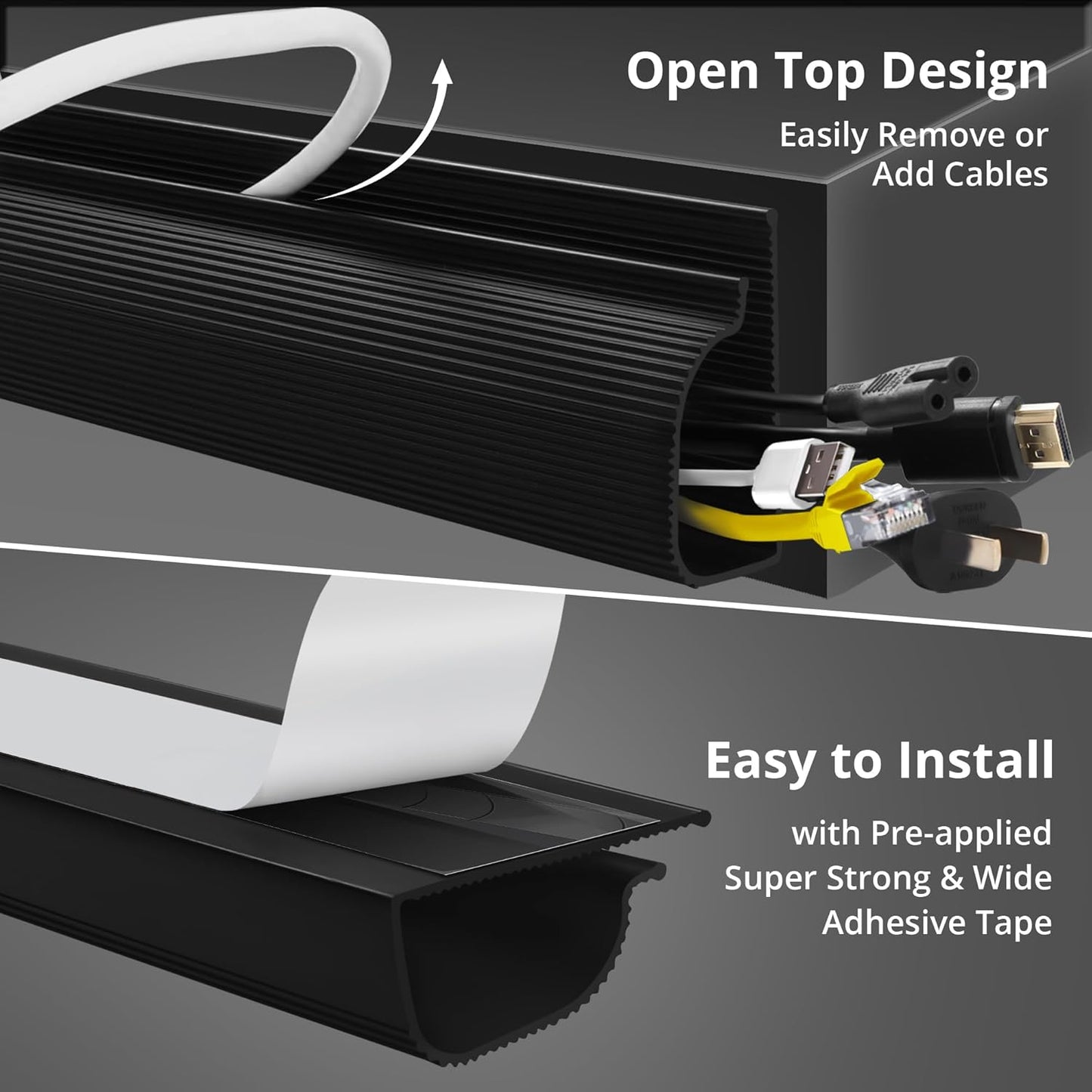 Cable Management Under Desk (31.5in J Channel 2x15.7in) Self Adhesive Cable Raceways Channel, Easy to Install Cord Cover Hider Desk Cord Organizer Electrical Black