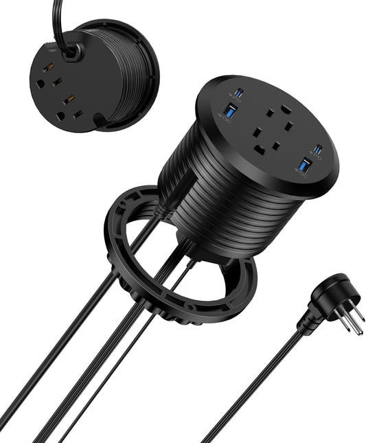 Jgstkcity Power Strip,Flush Mount Recessed Power Grommet,65W USB C Fast Charging,3-Inch Hole, 4 Outlets & 4 Ports, Ideal for Desktop & Countertop Outlet,Dual-Sided (Black, 6FT)