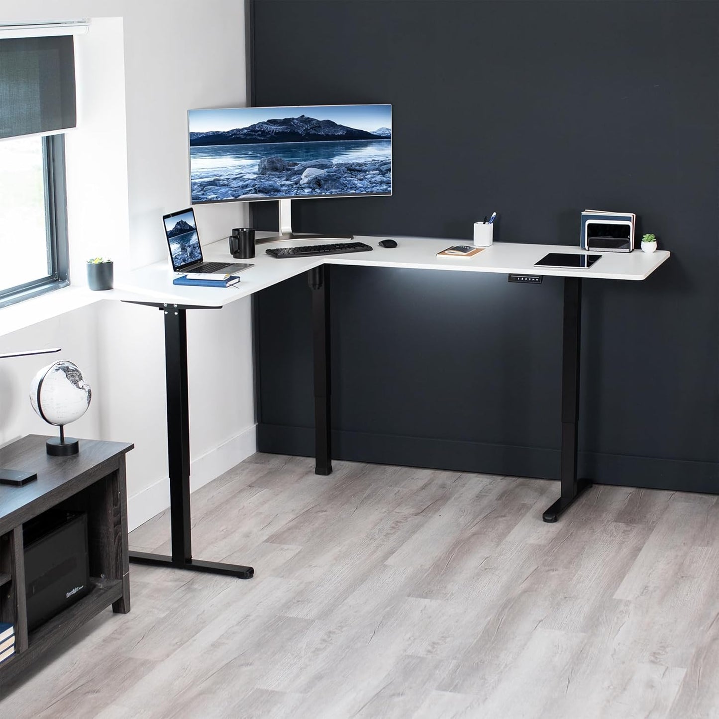 VIVO Electric Corner L-Shaped 75 x 63 in Rustic Standing Desk, Memory Height Adjustment, White Top Black Frame, DESK-E3CTBW-75