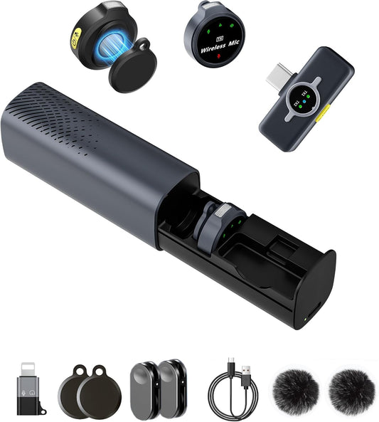 2Pack Wireless Lavalier Microphone for iPhone iPad Android with Charging Case, Mini Clip/Magnetic Mic for Lightning/USB-C Smart Device Video Recording, Vlogging, YouTube, Interviews, 300FT