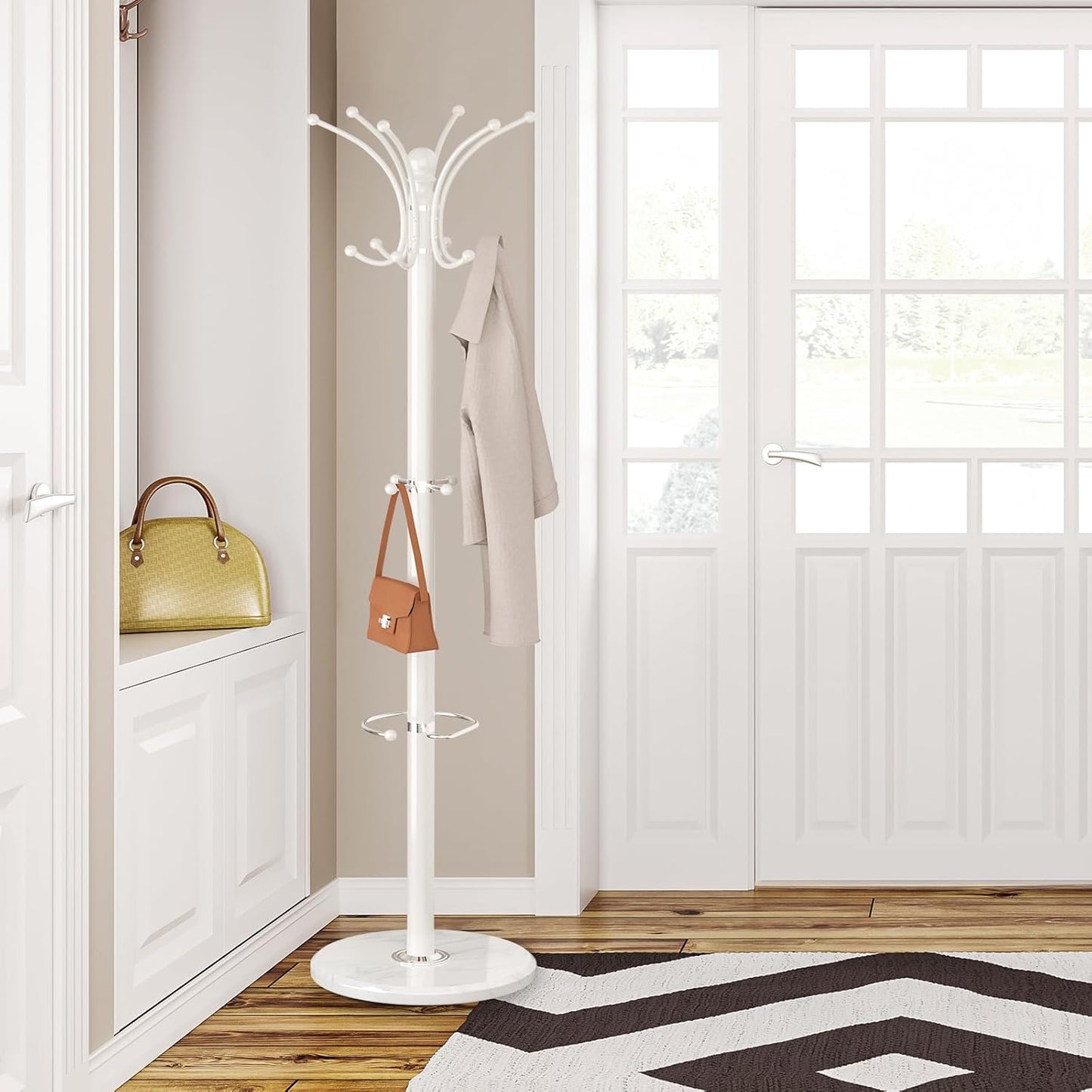 Coat Rack Freestanding with Marble Base, Heavy Duty Clothes Tree with Hooks and Umbrella Storage, Metal Hall Holder for Hanging Jacket, Hats, Scarf, Bag, Suitable for Entryway,Bedroom