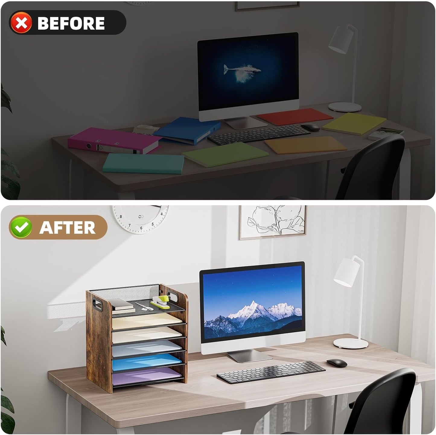 Marbrasse 6 Tier Paper Organizer Letter Tray - Wooden Desk File Organizer with Handle, Paper Sorter Organizer for Letter/A4 Office File Folder Holder