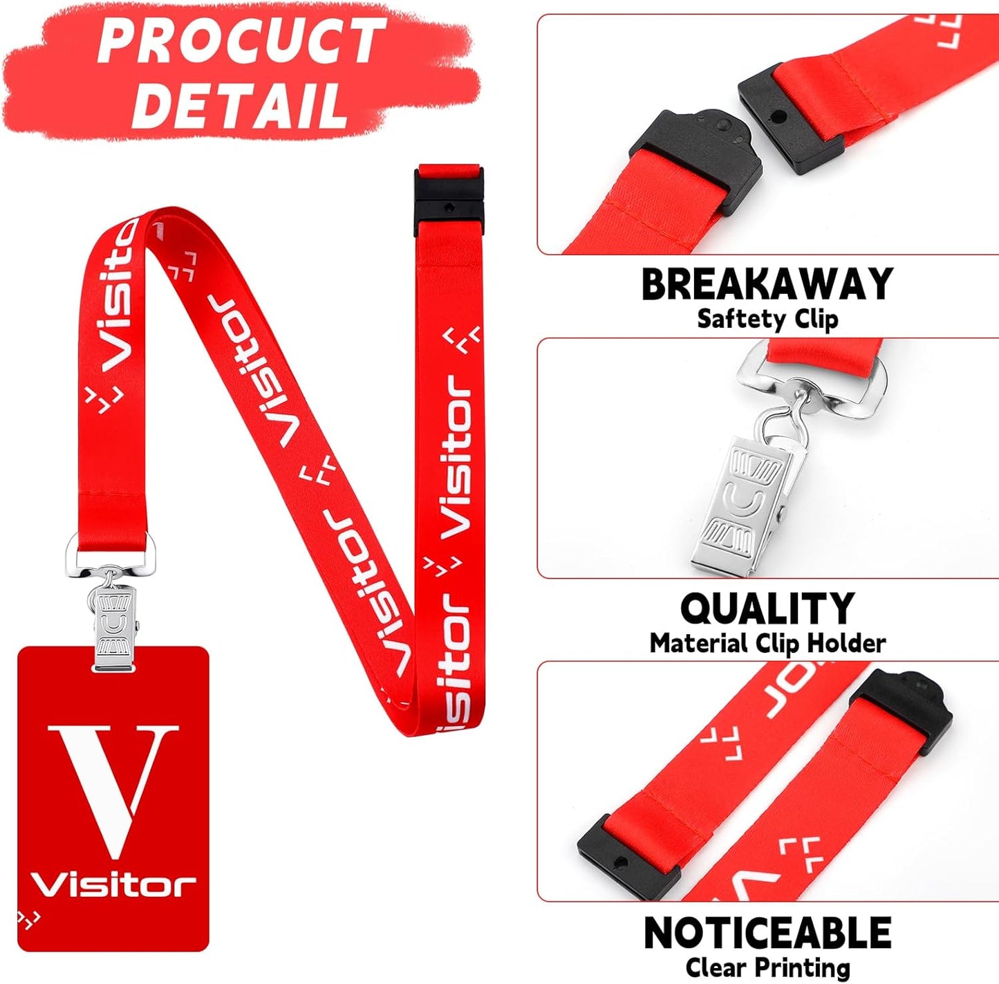 PerKoop 25 Pack Visitor Badge Lanyards Volunteer Badge Holder with Clips ID Card Holder with PVC Pass Card Reusable Breakaway Lanyards for Company Exhibition Guest Visitor(Red)