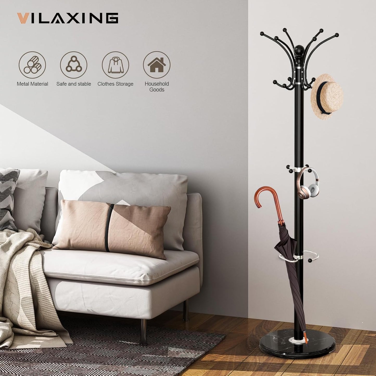Coat Rack Freestanding with Marble Base, Heavy Duty Clothes Tree with Hooks and Umbrella Storage, Metal Hall Holder for Hanging Jacket, Hats, Scarf, Bag, Suitable for Entryway,Bedroom