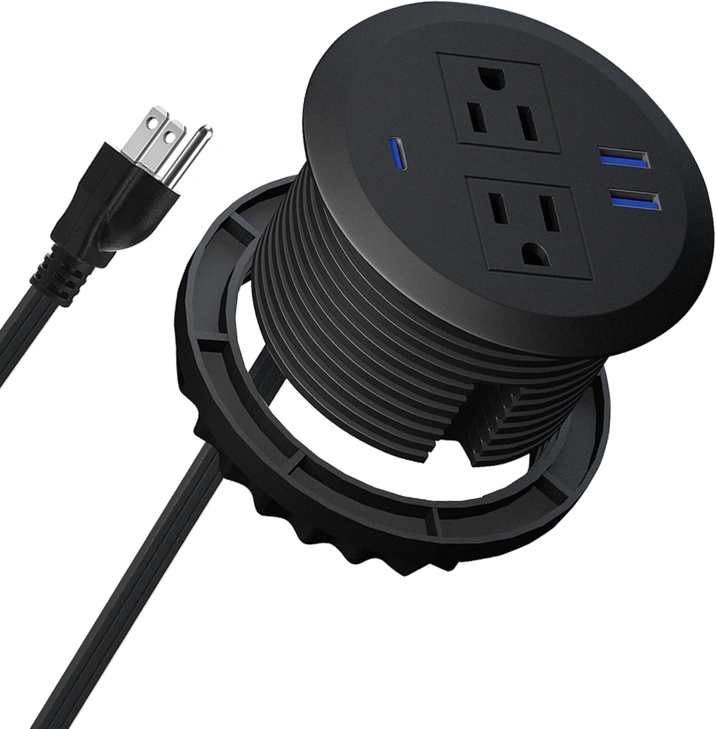 3 Inch Power Grommet,10ft Cord,20W USB C Fast Charging Station,3 USB Ports,Flush Mount.Round Recessed Power Center Desk Hole Grommet Outlet for Workspace,Couch,Black