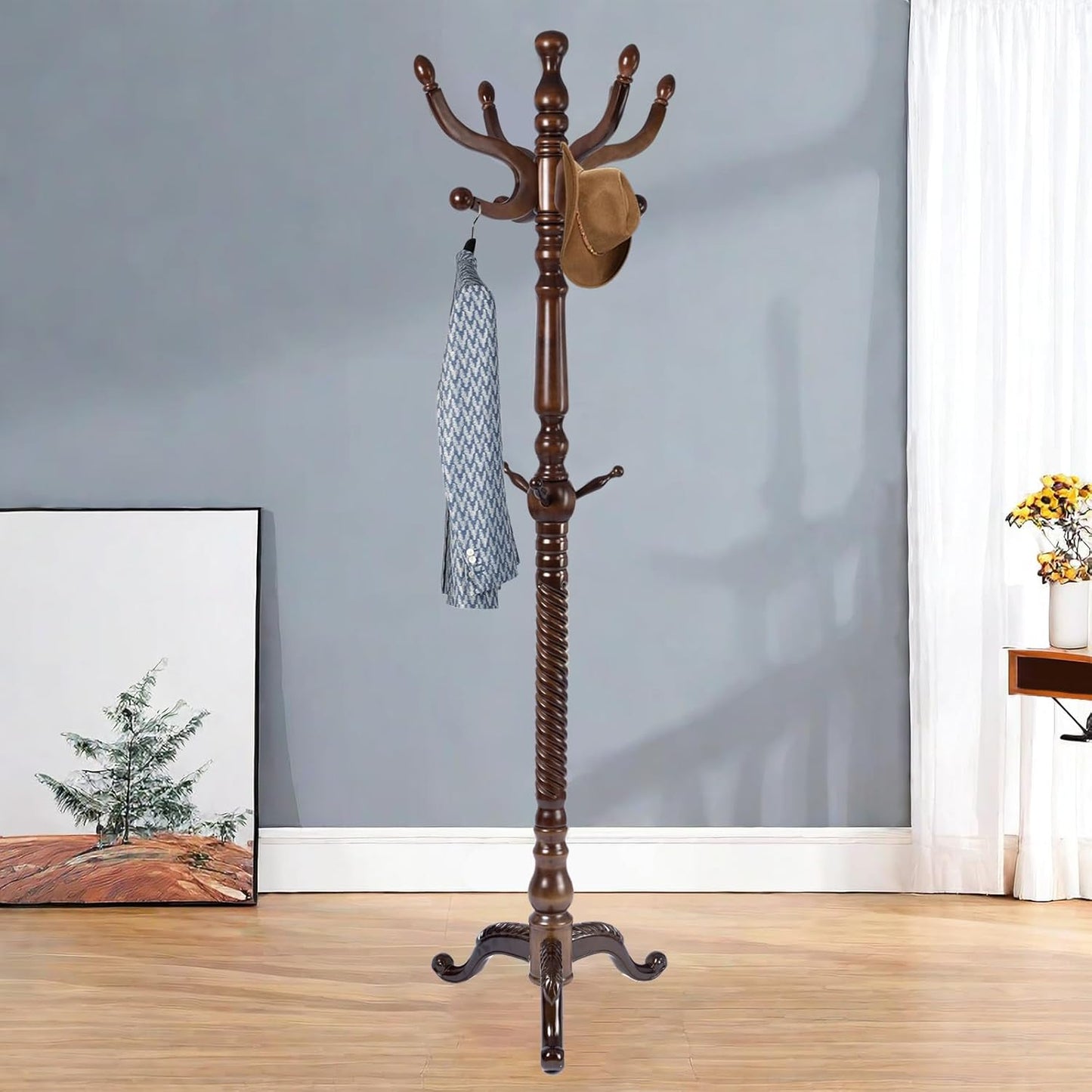 Solid Wood Coat Rack – 74.8" Freestanding Coat Racks Stand with 11 Hooks & Stable Base, Adjustable Height Modern Wooden Hall Tree for Entryway, Bedroom, Office, Home (Walnut Triangle)