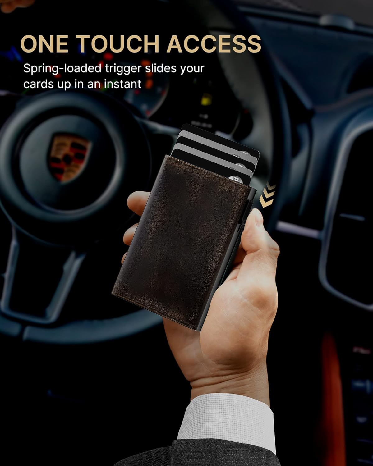 typecase Mens Wallet Card Holder: Pop Up Aluminum Case, Full Grain Leather, RFID Blocking, Smart, Slim, Minimalist, Front Pocket - 9-14 Card Capacity | ID Window | Cash Slot (Burnished Black)