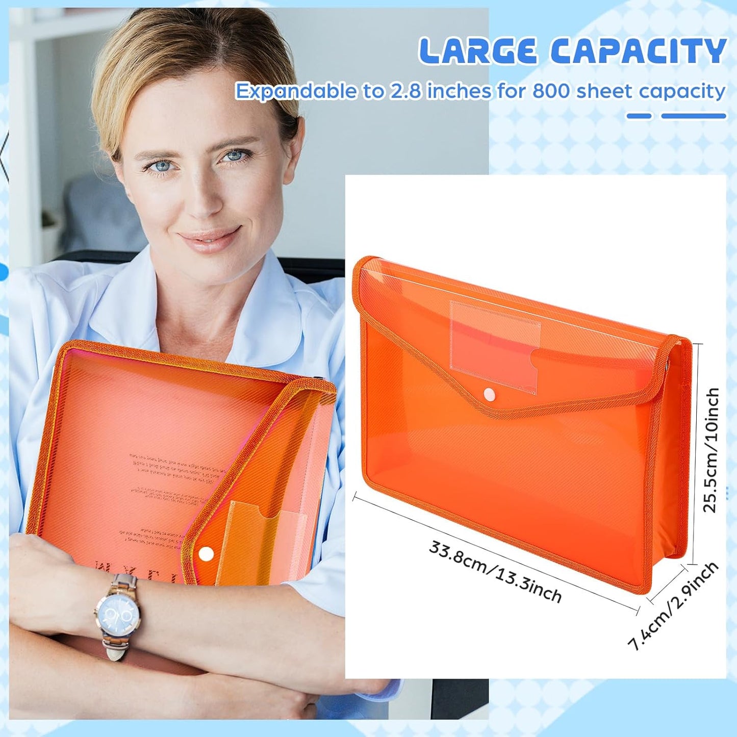 4 Pack A4 Expanding Plastic File Folders Waterproof Document Organizer with Snap Button Multiple Pockets, Office Home Office Storage (Orange)