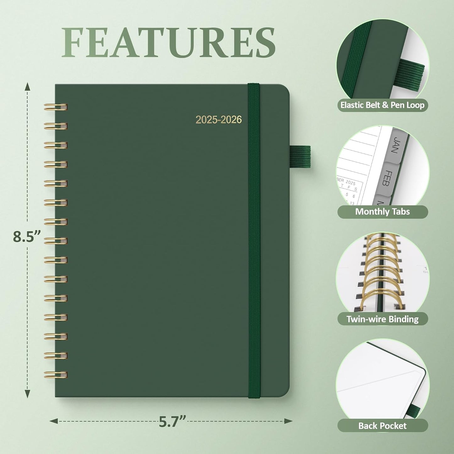 Planner 2025-2026 Weekly and Monthly, July 2025 - June 2026, Hardcover Spiral Bound with Tabs, Inner Pocket, A5 (6.3"x8.5") - Ideal for Teachers, Students & Professionals, Green
