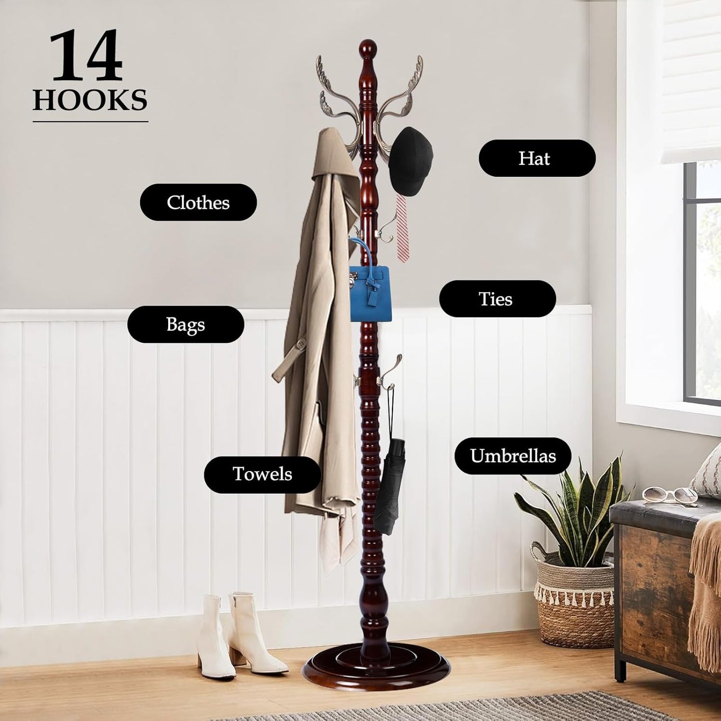 Wood Coat Rack Freestanding, Natural Coats Tree Stand with 14 Metal Hooks, 73" Sturdy and Easy Assembly Coat Rack Stand for Entryway, Hallway, Bedroom, Bags, Hats (Heavy-duty Disc Base, Metal Hook)
