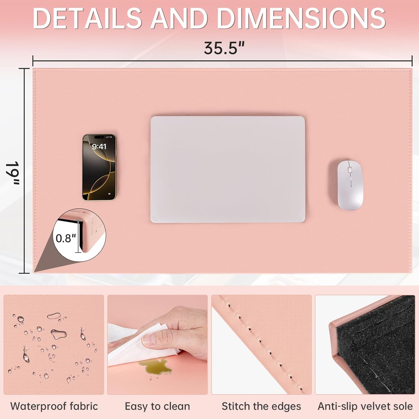 AKOZLIN 35.4"x 18.9" Soft PU Leather Surface Office Desk Mouse Mat Anti-Push Pad with Full Grip Fixation Lip Table Blotter Edge-Locked Protector Pink