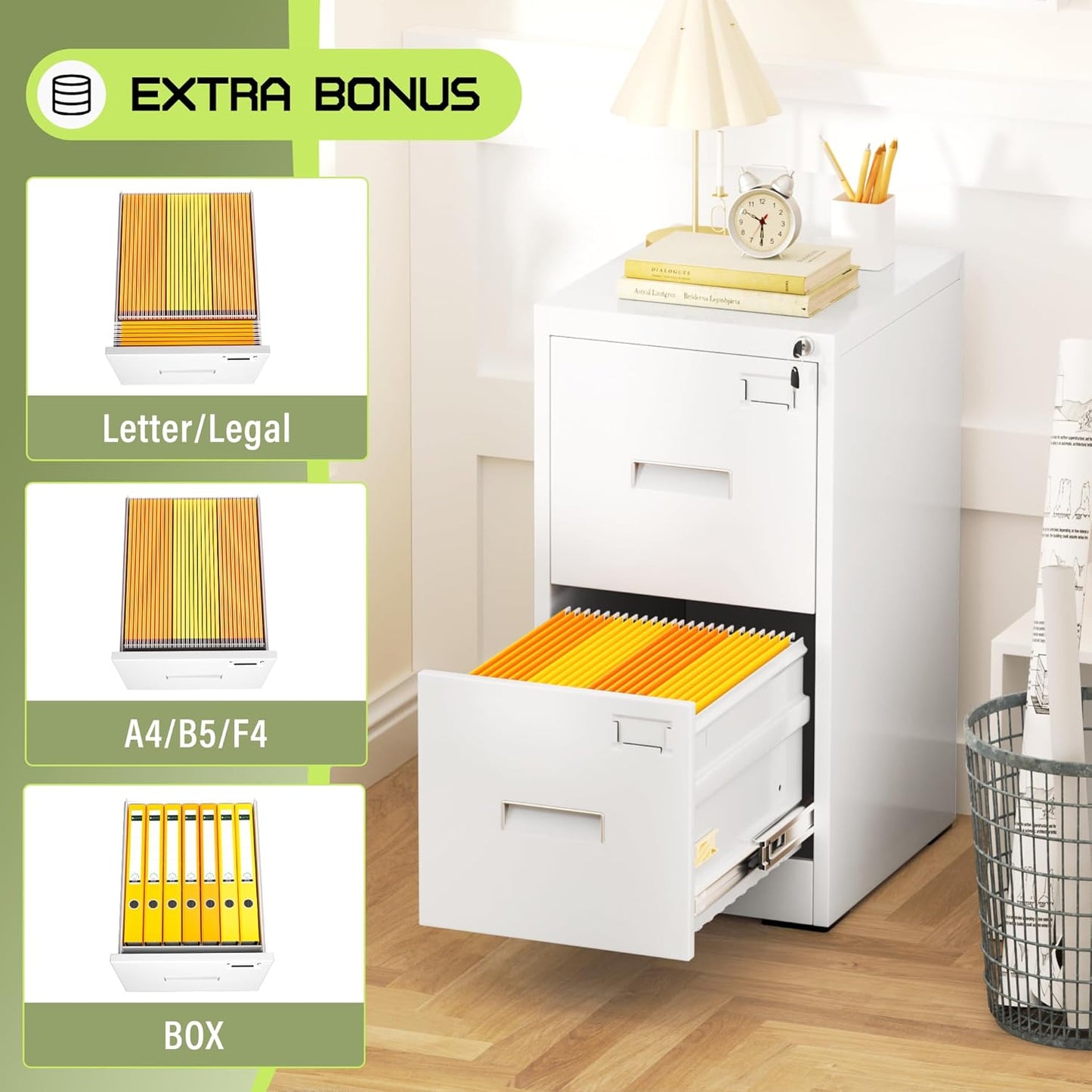 Crownland Lateral File Cabinet with 2 Drawers, 15" W Metal Lockable Office File Cabinets for Home Office- Stores Letter/Legal/A4/F4 Files(White)