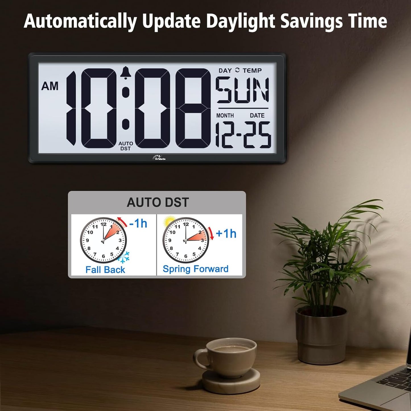 WallarGe Backlight Digital Wall Clock Battery Operated - with Temperature and Date 14.5'' Large Digital Wall Clock, Easy to Read and Set, Auto DST