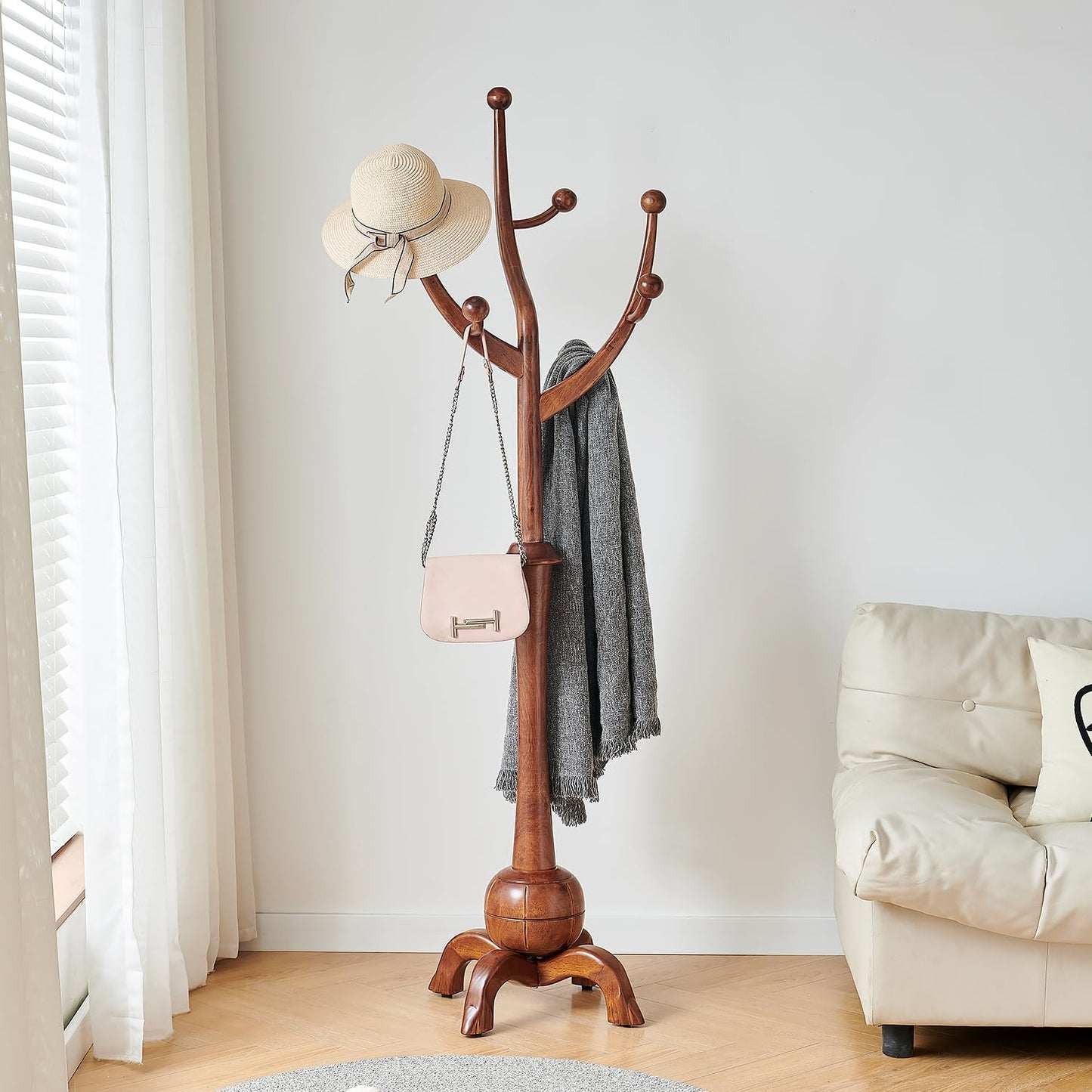 Entryway Wood Coat Rack Stand with Tree Branch Hooks, Freestanding Wooden Hat Coat Tree