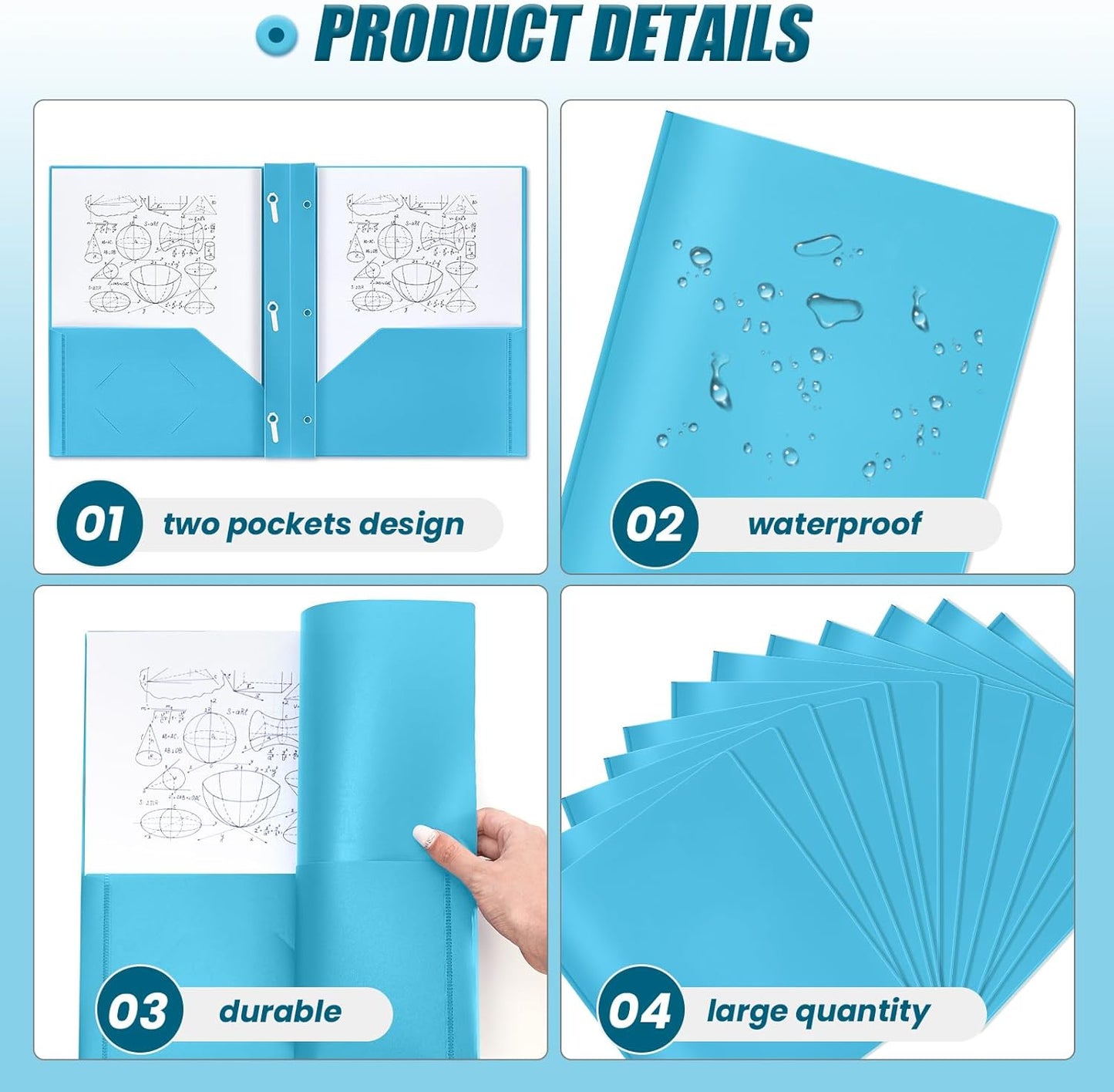 Lincia 100 Pcs Plastic Folders with Pockets and Prong Folders with Prongs Plastic Folders with 2 Pockets Pocket Folders for Office, School for Students, Teachers, Office Workers (Light Blue)