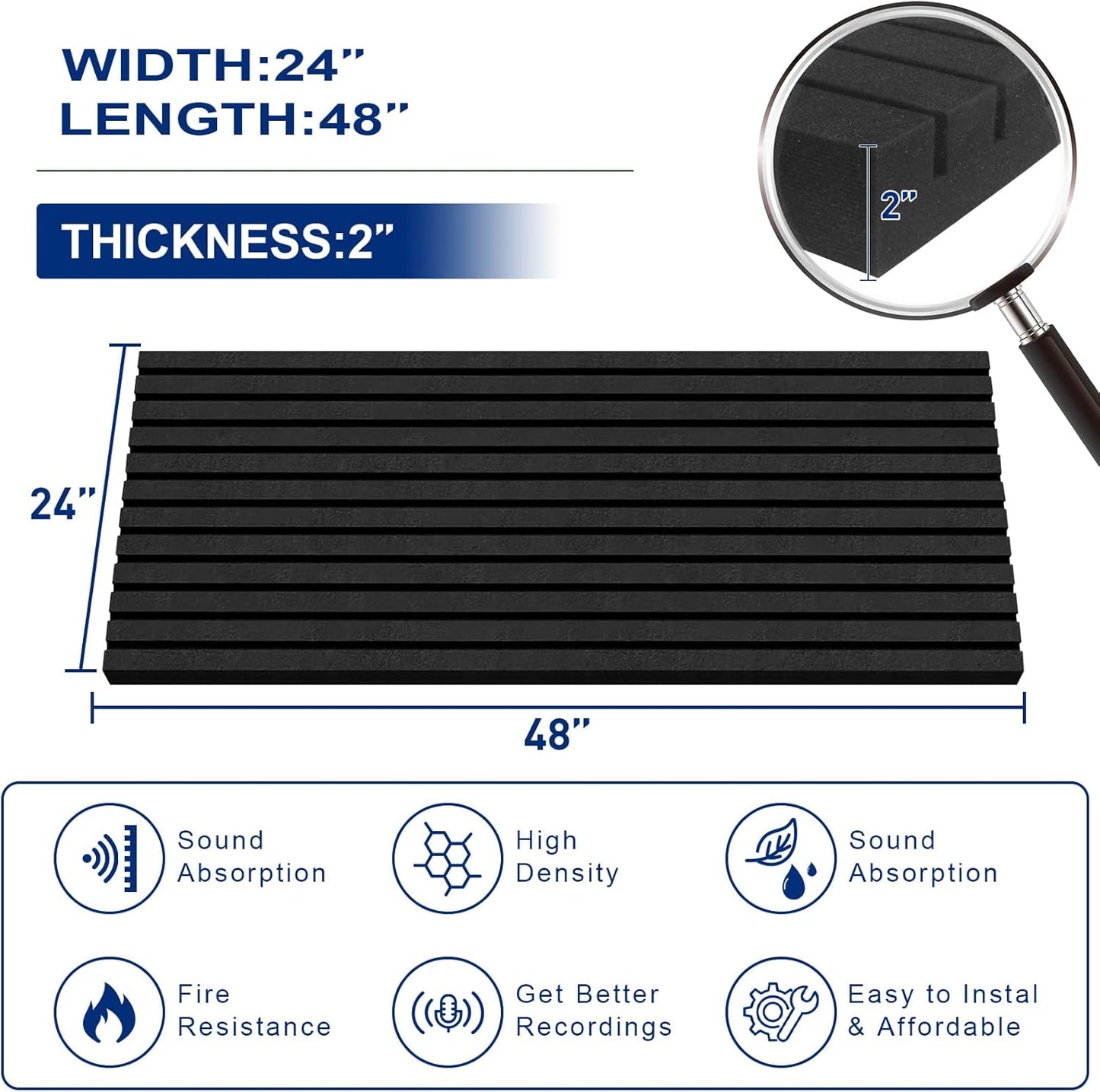 2 Pack Acoustic Foam Panels, 2" X 24" X 48" Wedge Soundproof Studio Foam for Walls,Sound Absorbing Panels, Sound Insulation for Studio, High Density Fireproof Studio Wedges (Black, 2 Pack)