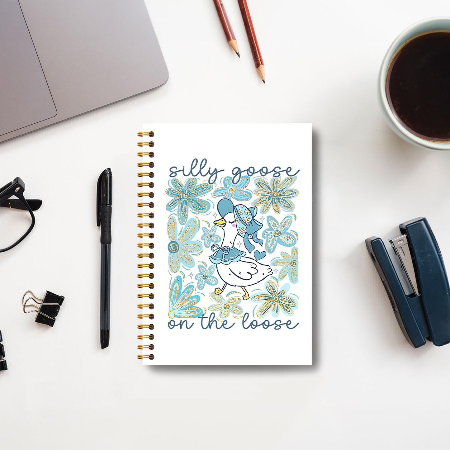 Guymn Blue Boho Floral Goose Notebook, Glitter Cute Goose Journal for Kids Girls, Geese Animal Lover Gifts Hardcover Spiral Notebooks Journals 5.5x8.3 Inch