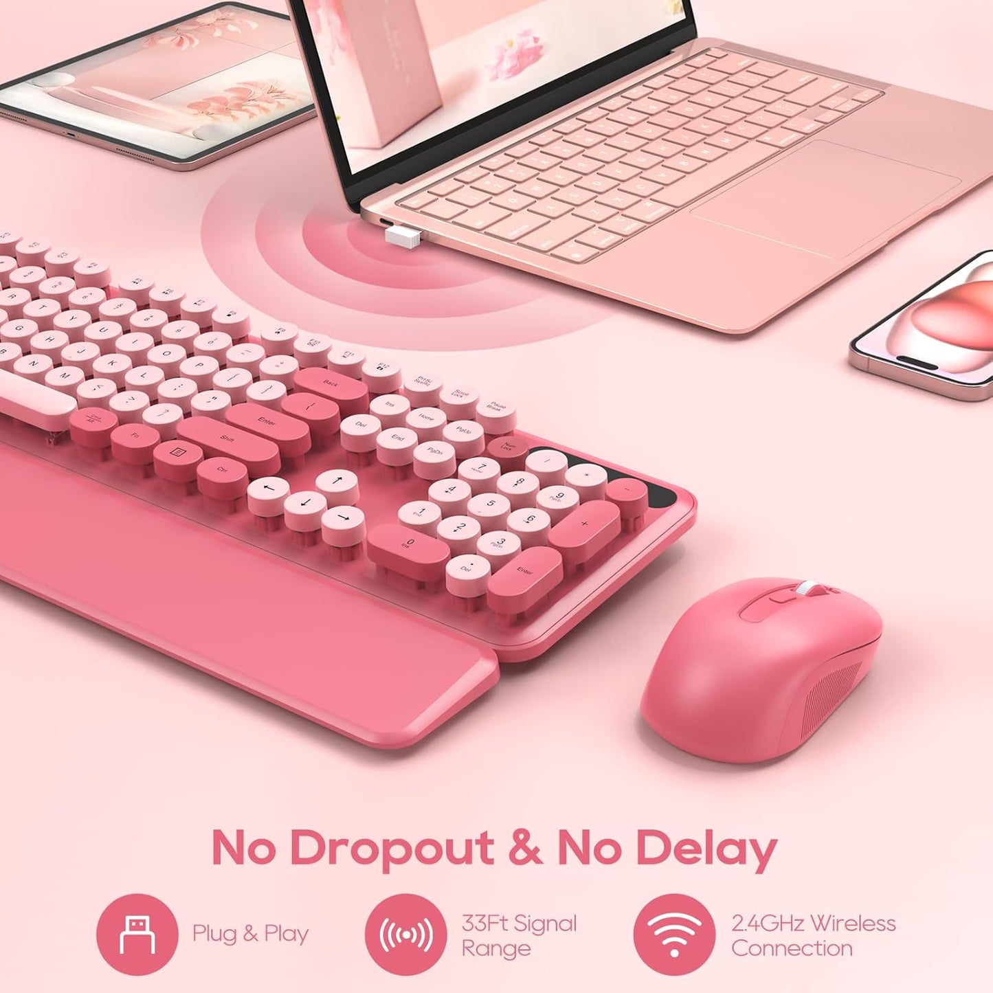 Wireless Keyboard and Mouse Combo - Round Keycaps, Full-Size Retro Typewriter Keyboard with Detachable Wrist Rest, Sleep Mode & Tilt Legs, 2.4GHz Cordless Connection for Mac/Windows/PC (Hot Pink)