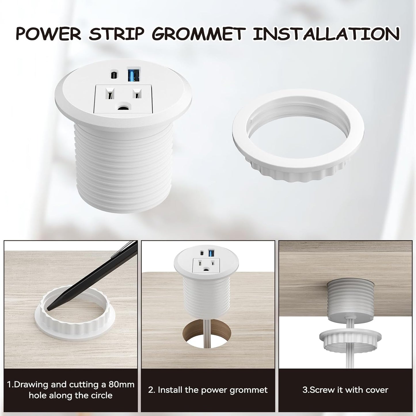 XBA 2inch Desktop Power Grommet, Recessed Power Strip with PD 20W USB C, AC Outlet and 18W USB A Charging Port, Hidden Desk Power Outlets with 6FT Extension Cords for Office, Home, Conference(White)