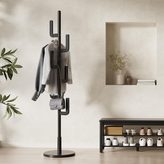 Solid Wood Cactus Coat Rack, Freestanding Coat Rack With 6 L-Shaped Hooks and 3 Adjustable Sizes, Coat Tree for Bedroom, Entryway, Livingroom, Coat Hanger Stand for Coats, Handbags (Black)