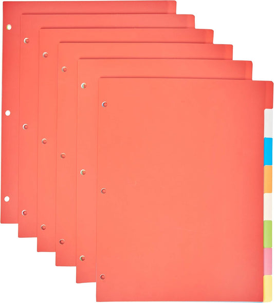 Amazon Basics 8-Tab Plastic Binder Divider with Multicolor Tab Label for 3 Ring Binder, Letter Size, 48 Sets