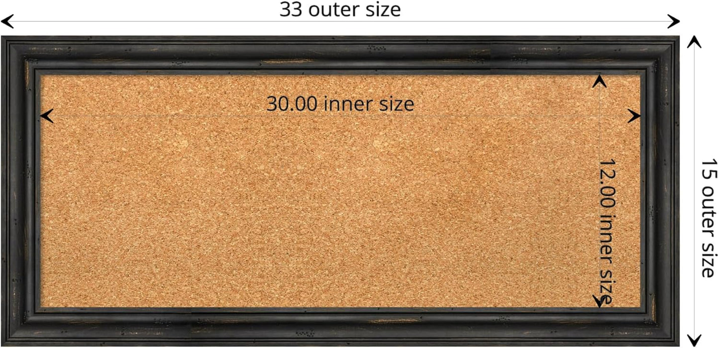 Amanti Art Natural Cork Board for Wall, 15x33 Vision Board with Black Wood Frame, Medium Corkboard Office Decor for Home Organization, Rustic Farmhouse Corkboard Pinboard to display items for home