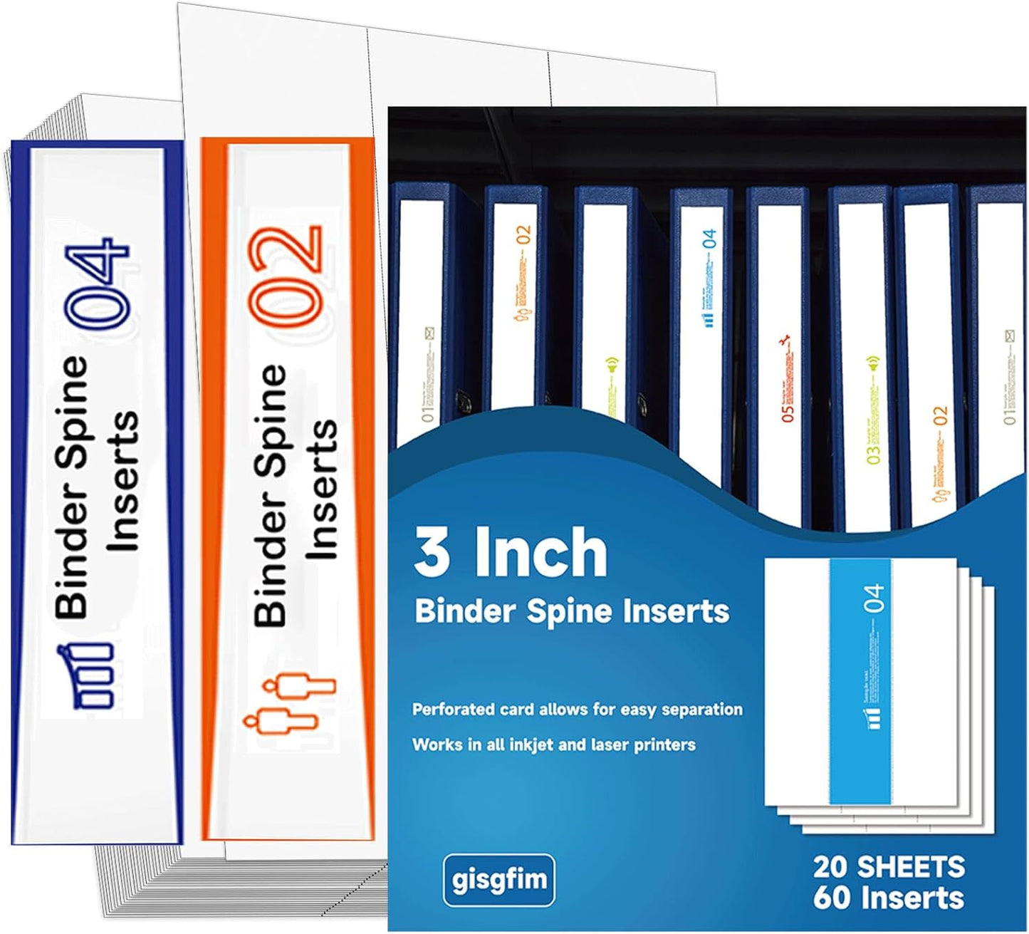 gisgfim 20 Sheets Binder Spine Inserts 3 Inch Spine Width White Binder Labels 92LB Printable Side Identifiers for Inkjet Laser Printers Cardstock View Binders Labels 3 Inserts/Sheet