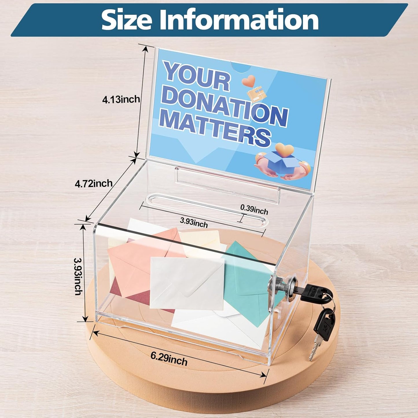 Polmart Clear Donation Box with Lock - Secure Ballot Box with Removable Sign Holder 2 Keys - for Money, Cards, Votes, Tickets, Feedback Collection (4.75"D x 6.29"W x 8"H)