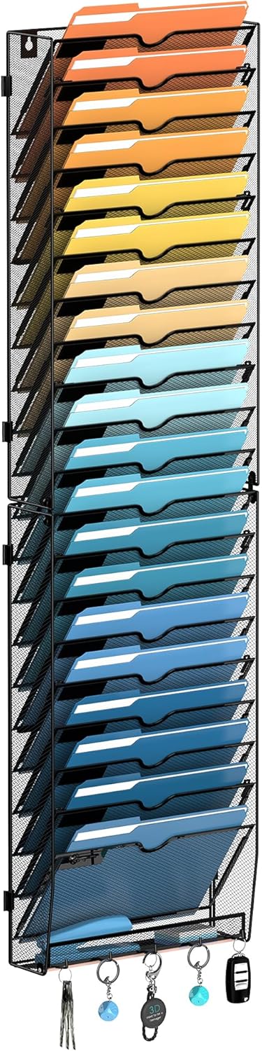 SUPEASY 21-Tier Wall File Holder Organizer with Hooks, Mesh Hanging File Organizer, Mail Organizer Wall Mounted for Papers, Folders, Office Magazine Rack, Assembly Needed, Black