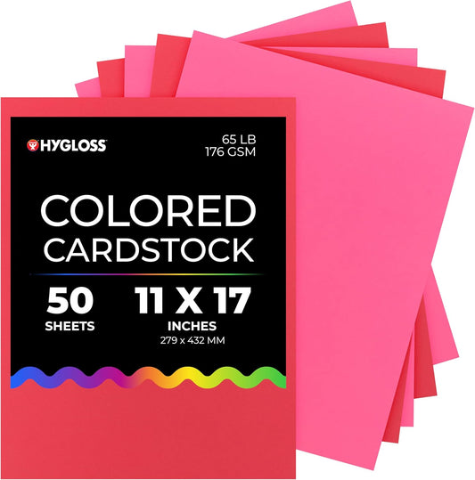 Hygloss 50 Sheets Valentine’s Day Colored Cardstock - 11x17-Inch Red and Pink Letter Size Color Cardstock Paper - 65 lb/ 176 gsm, Acid-Free, Fade-Resistant