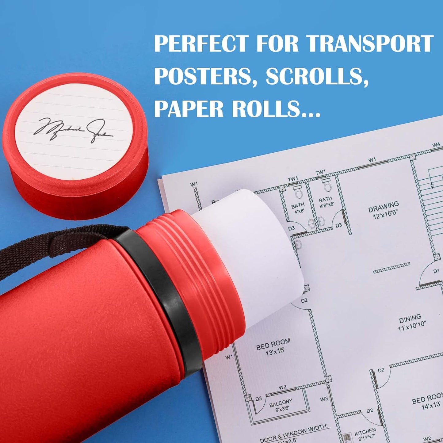 JJRING Red Poster Tube, 25" to 40" Extendable Poster Storage Holder Tube with Carrying Strap, Poster Carrying Case for Blueprints, Scrolls, Maps and Architect Papers