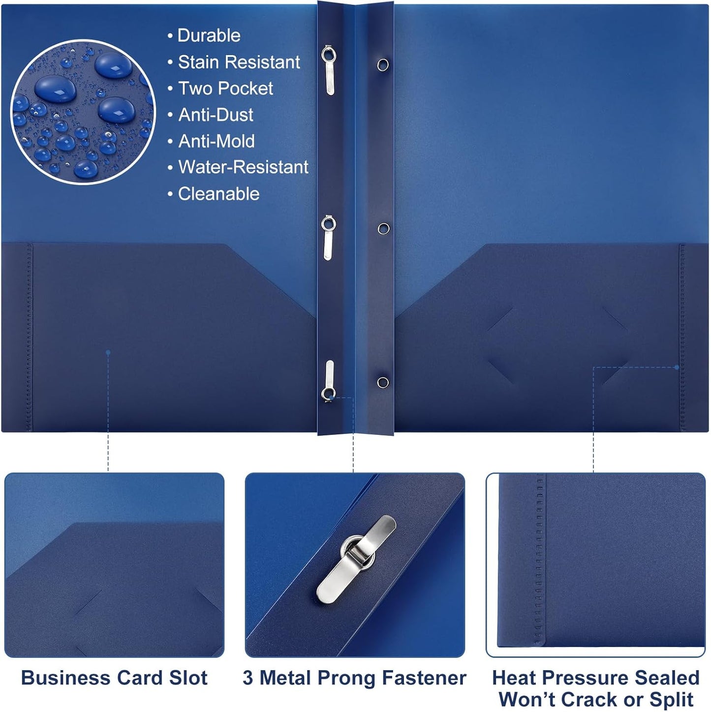 Patelai 48 Pcs Plastic Folders with 2 Pockets and 3 Prongs Home Folders with Card Slot Letter Size Heavy Duty Report Covers for Back to School(Navy Blue,Classic)