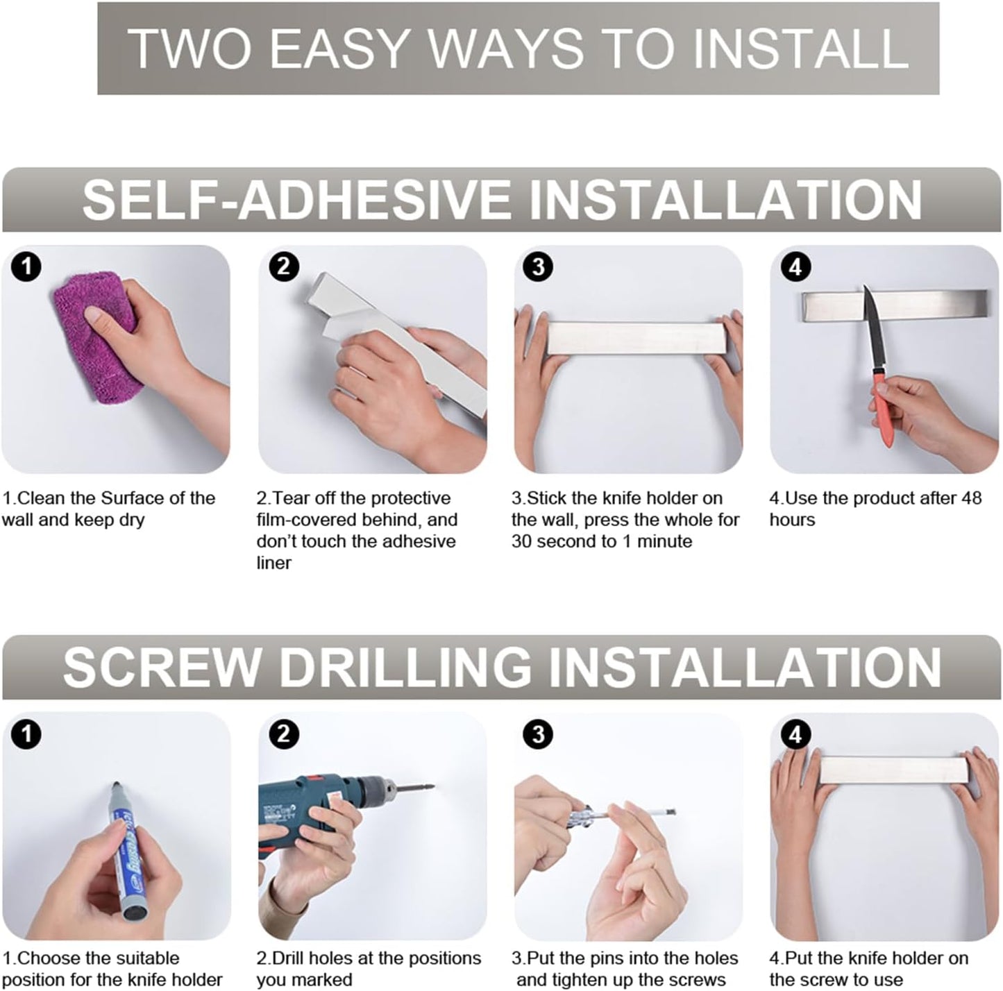 Ninolny 10 Inch Magnetic Knife Strip, Premium Stainless Steel Wall Mounted Kitchen Knives Bar,Space-Saving Powerful No Drilling Magnetic Knife Rack for Home Kitchen Utensil Holder & Tool Holder