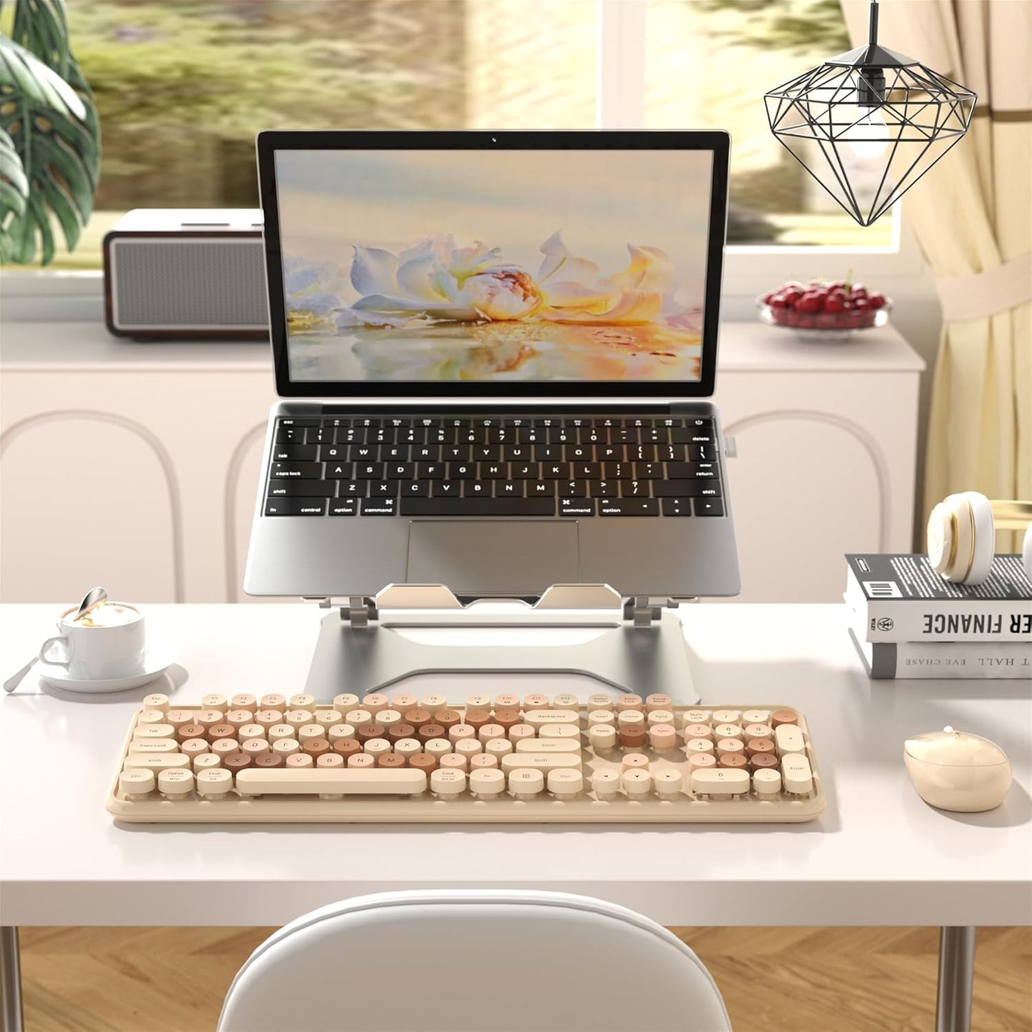 Colorful Wireless Computer Keyboard and Mouse Combo with Round Typewriter Keycaps, Retro Design, Power Switch, Ergonomic Design, 2.4GHz Wireless for Windows, Mac, PC(Milk-Tea Colorful)